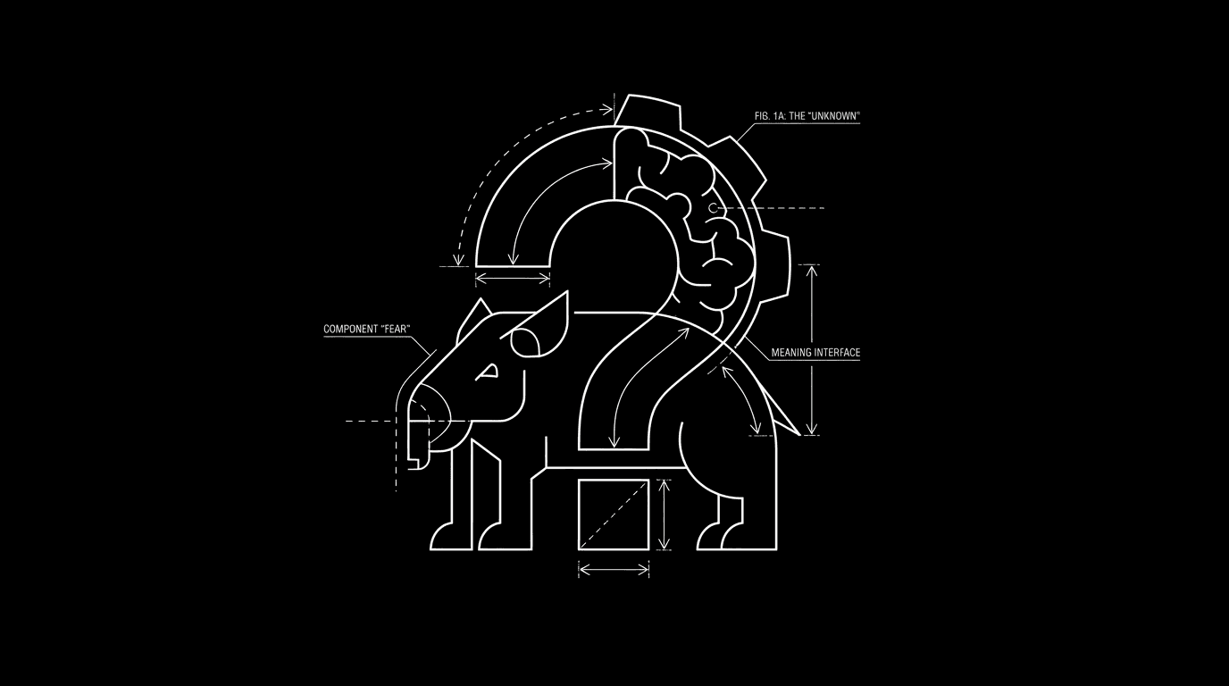 Single image: monster and meaning as one; dark mode technical sketch
