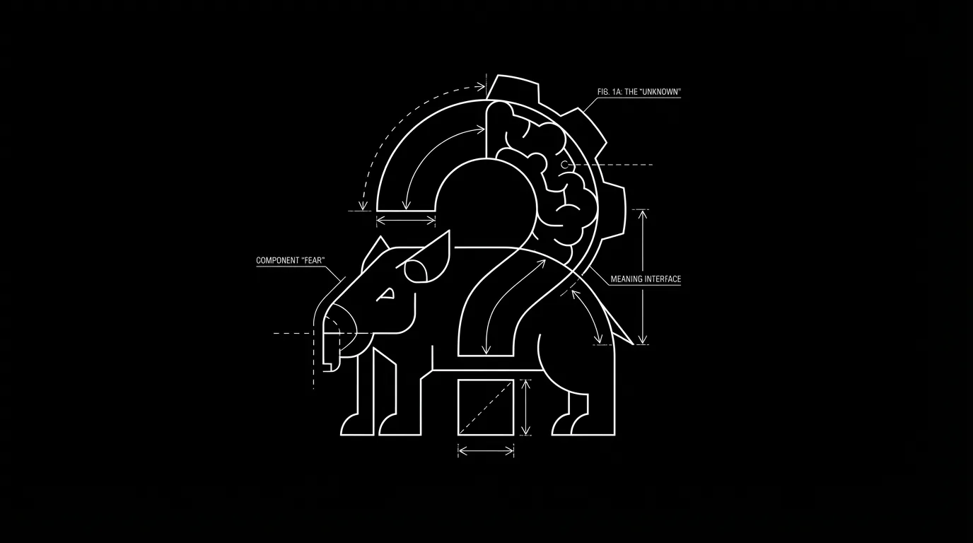 Single image: monster and meaning as one; dark mode technical sketch
