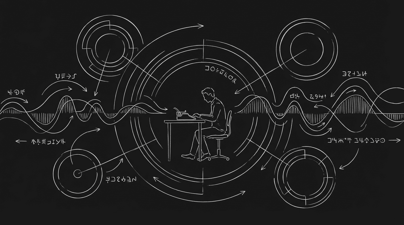 Dark technical sketch of a circular alien symbol intersecting with a human profile, thin white lines on black