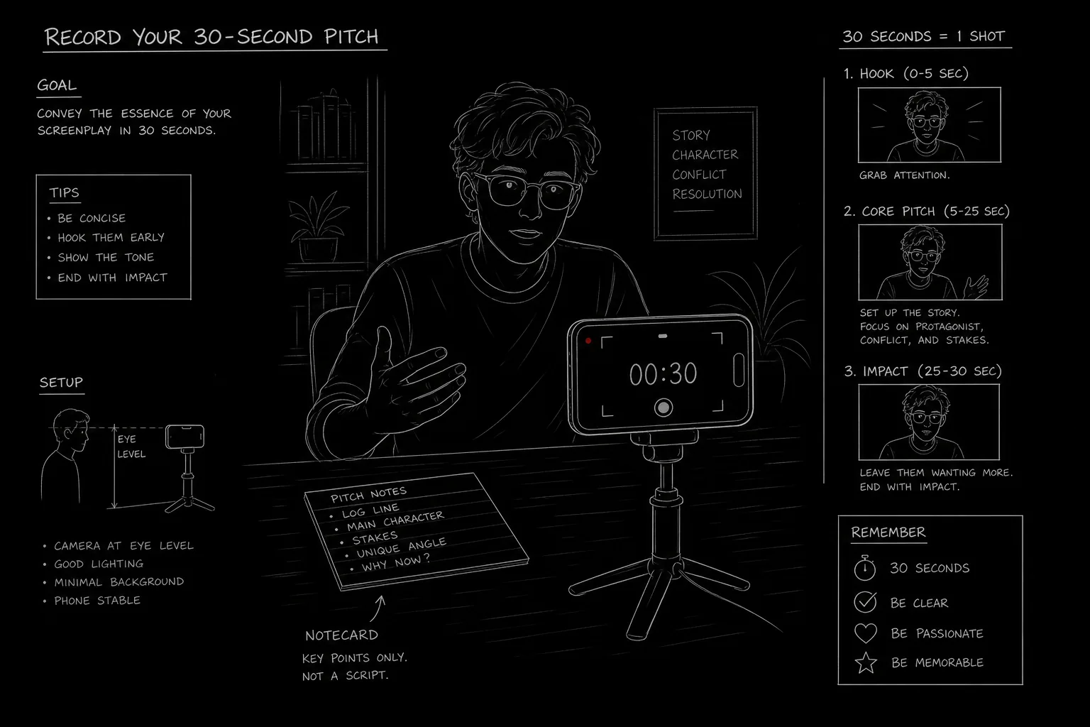 Screenwriter recording a pitch on phone with timer showing 30 seconds; dark mode technical sketch, thin white lines on black background