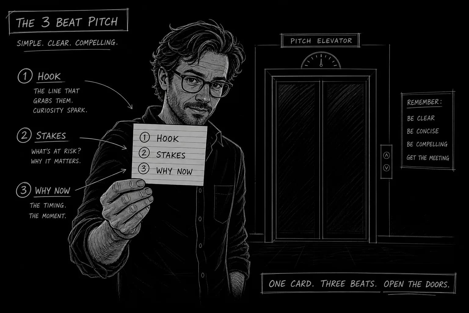 Dark mode technical sketch: screenwriter with three-beat pitch notecard, thin white lines on solid black