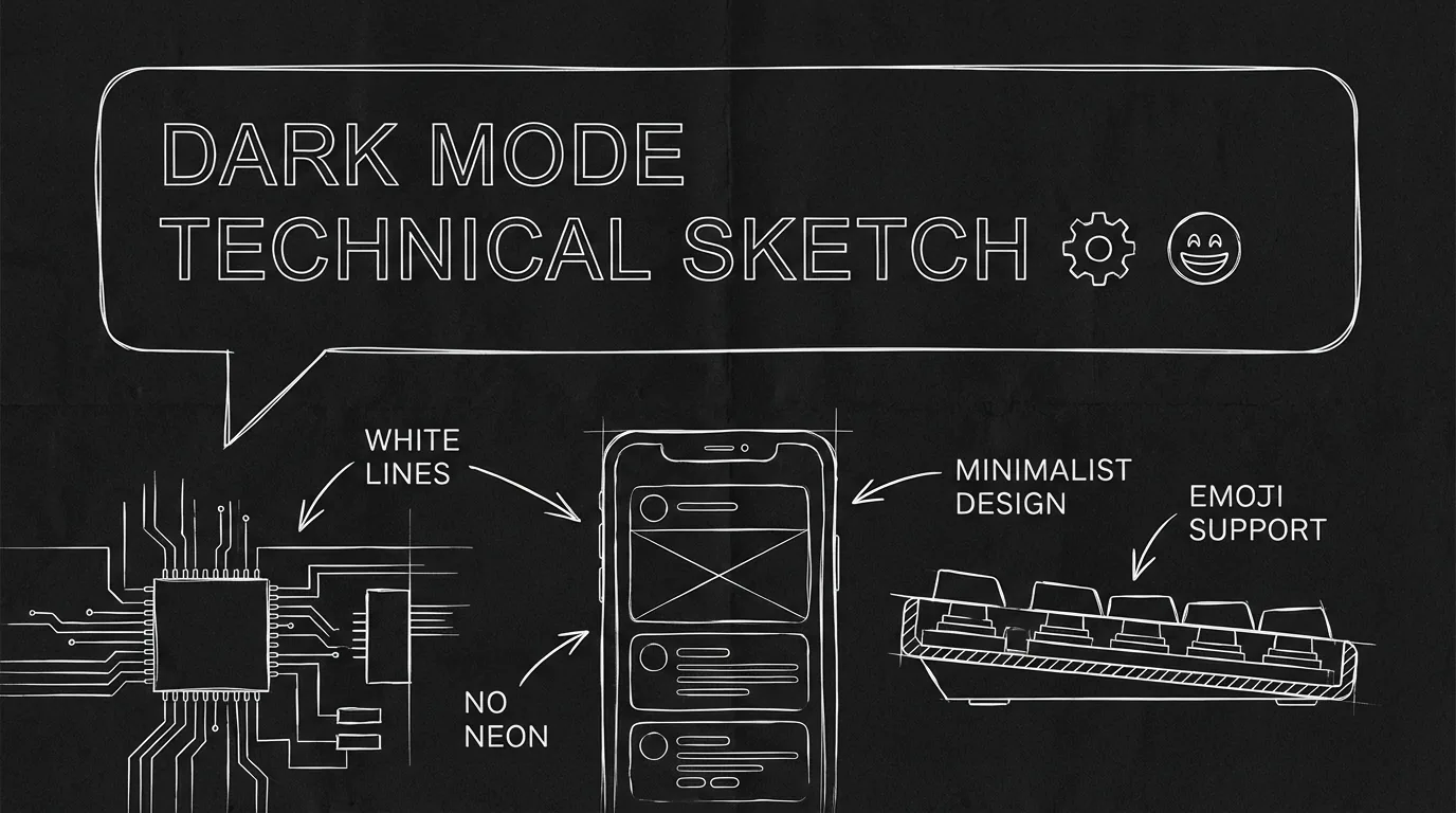 Text bubble with emoji; script line describing it; dark mode technical sketch