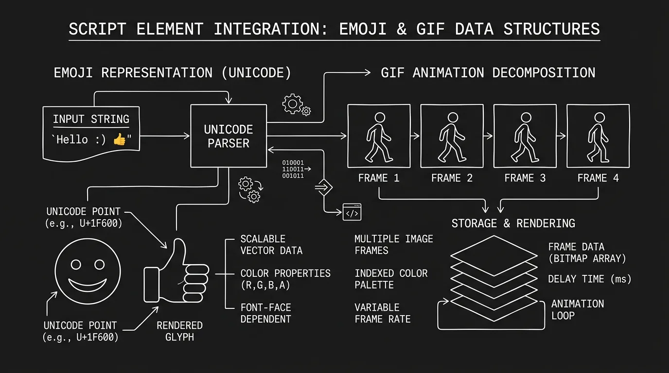 Emoji and GIF in script; dark mode technical sketch