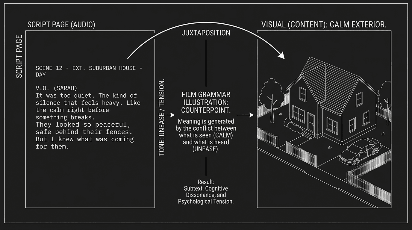 A script page showing voice-over paired with contrasting visual; dark mode technical sketch, thin white lines on black background