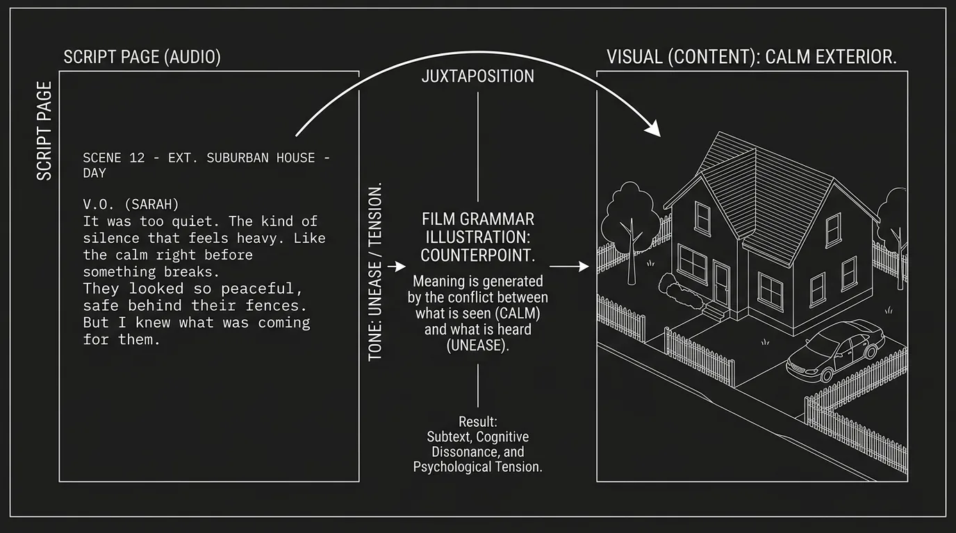 A script page showing voice-over paired with contrasting visual; dark mode technical sketch, thin white lines on black background