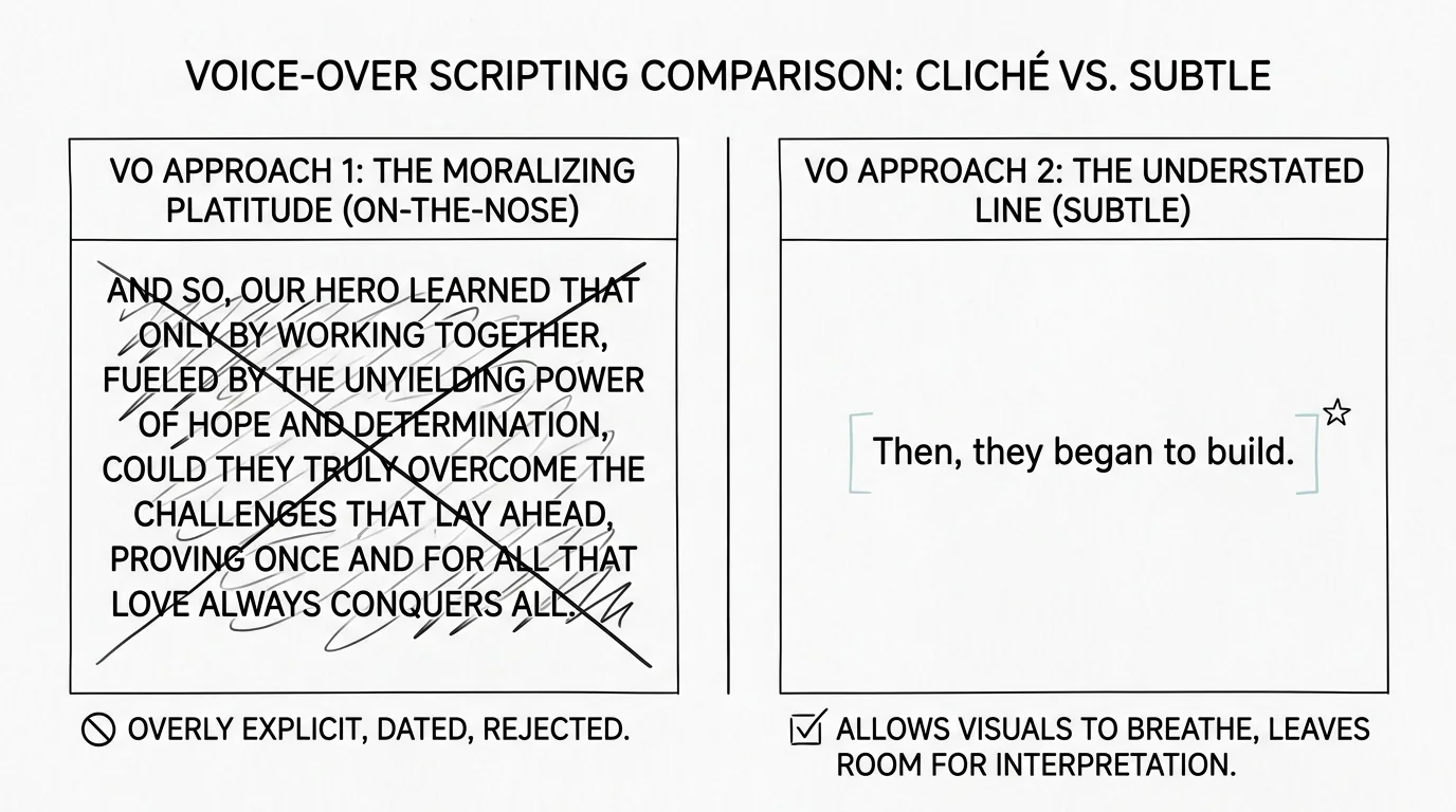 A comparison of on-the-nose vs subtle voice-over endings; dark mode technical sketch, thin white lines on black background