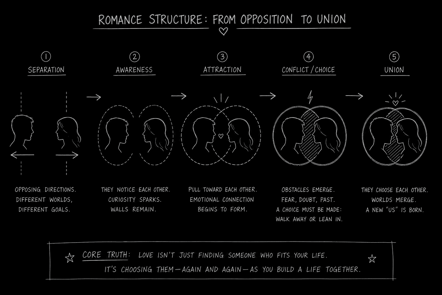 Two character silhouettes moving from opposing arrows to overlapping circles across five beat markers; dark mode technical sketch
