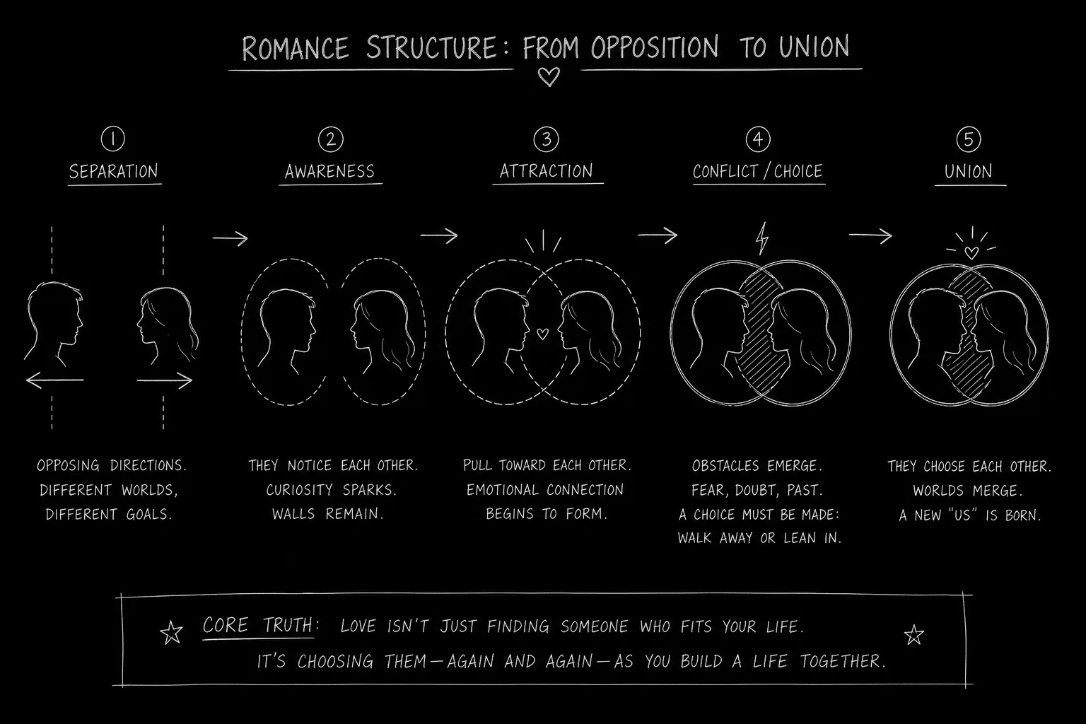Two character silhouettes moving from opposing arrows to overlapping circles across five beat markers; dark mode technical sketch