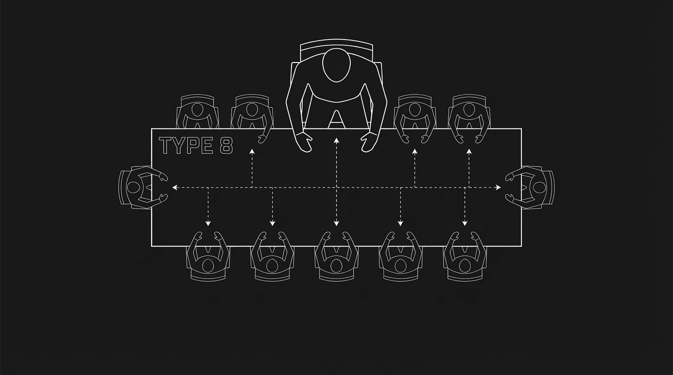 Type 8 at the table: one figure dominant, others reacting; thin white lines on black; dark mode technical sketch