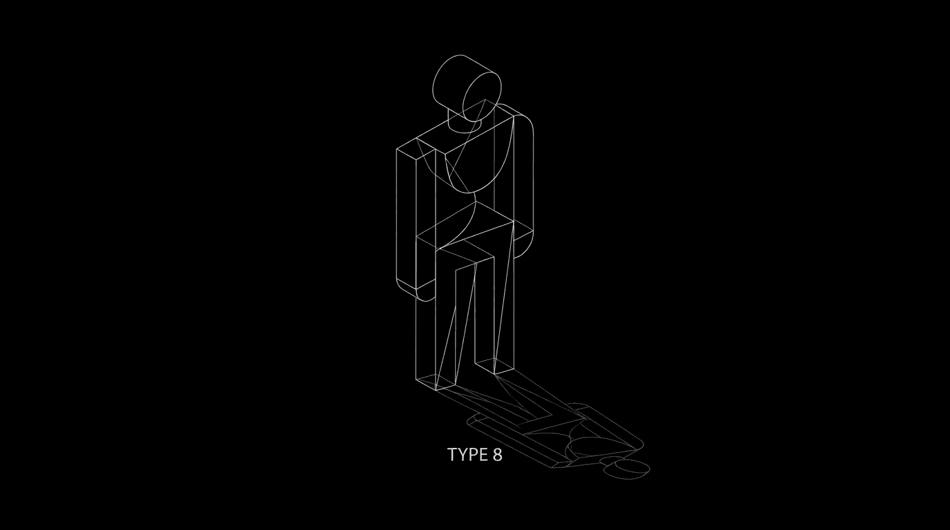 Type 8 alone: figure and shadow; strength and the fear underneath; dark mode technical sketch