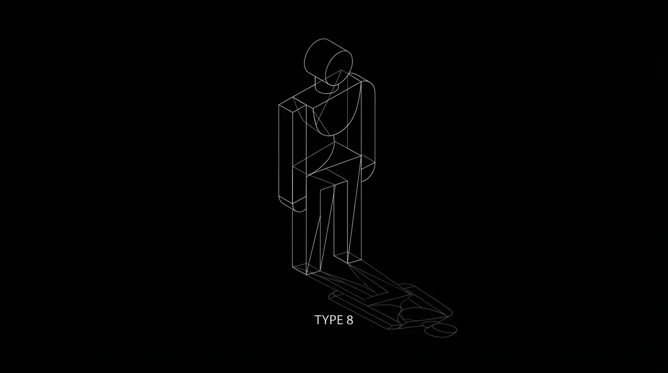 Type 8 alone: figure and shadow; strength and the fear underneath; dark mode technical sketch