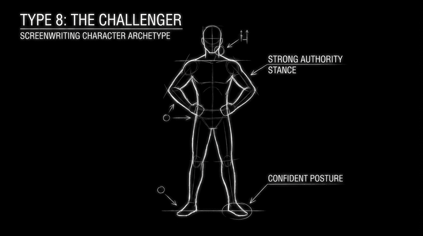 Type 8 Challenger: figure in authority stance, solid black background, thin white lines; dark mode technical sketch