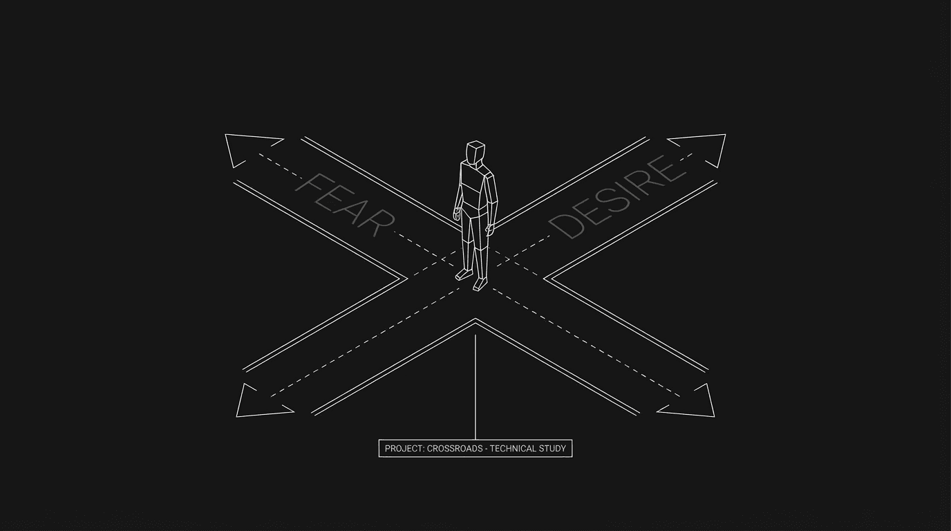 Single character silhouette at a crossroads; two paths labeled by fear and desire; dark mode technical sketch