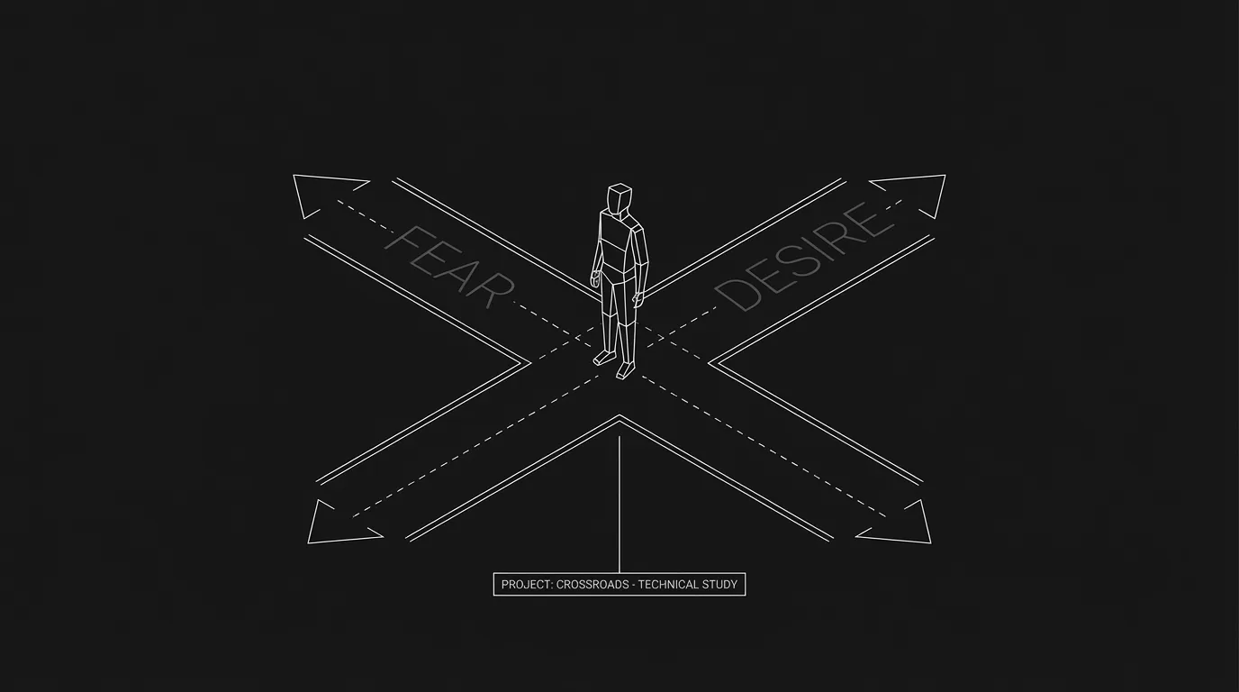 Single character silhouette at a crossroads; two paths labeled by fear and desire; dark mode technical sketch