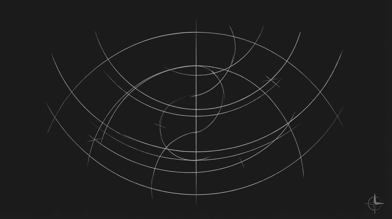 Multiple arcs, one spine; dark mode technical sketch