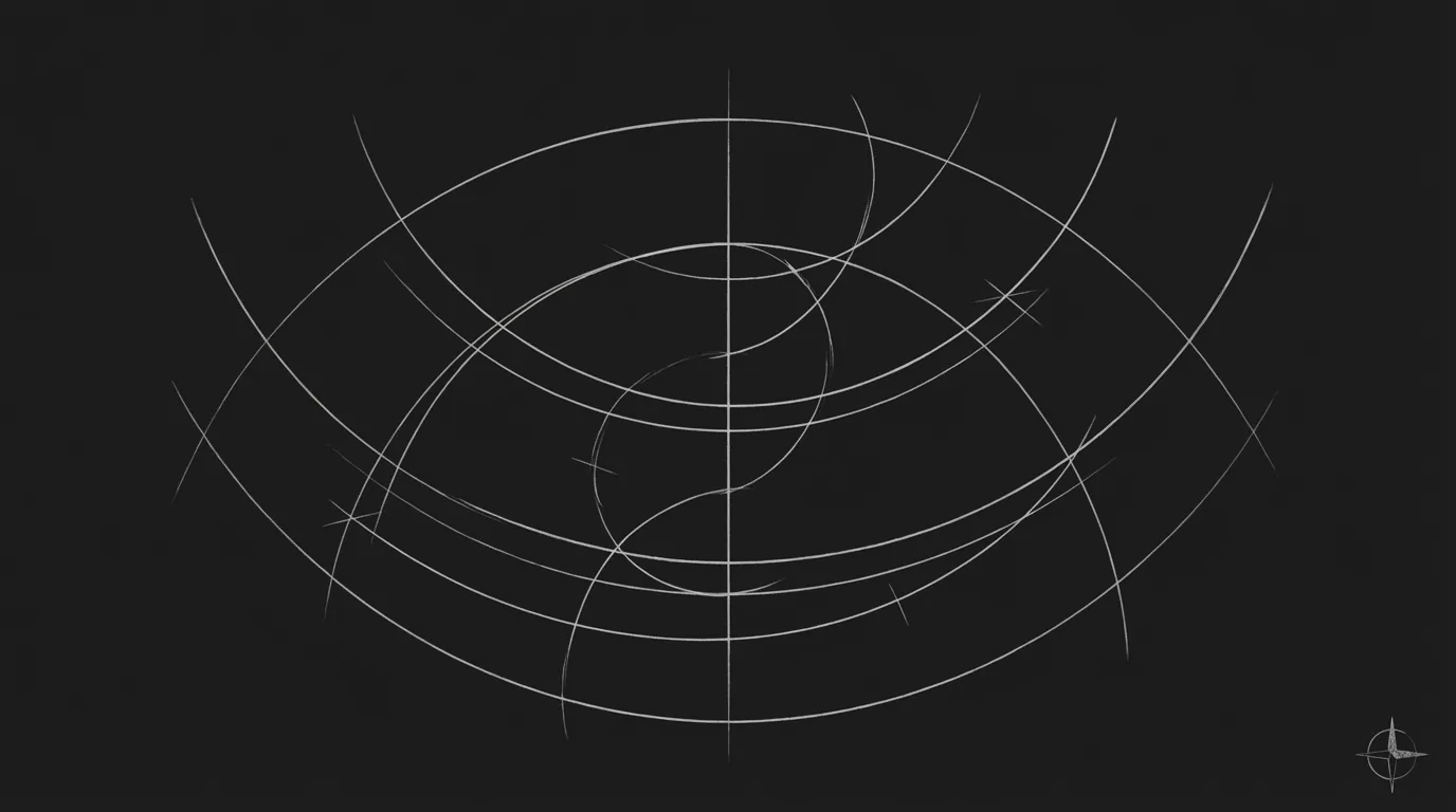 Multiple arcs, one spine; dark mode technical sketch