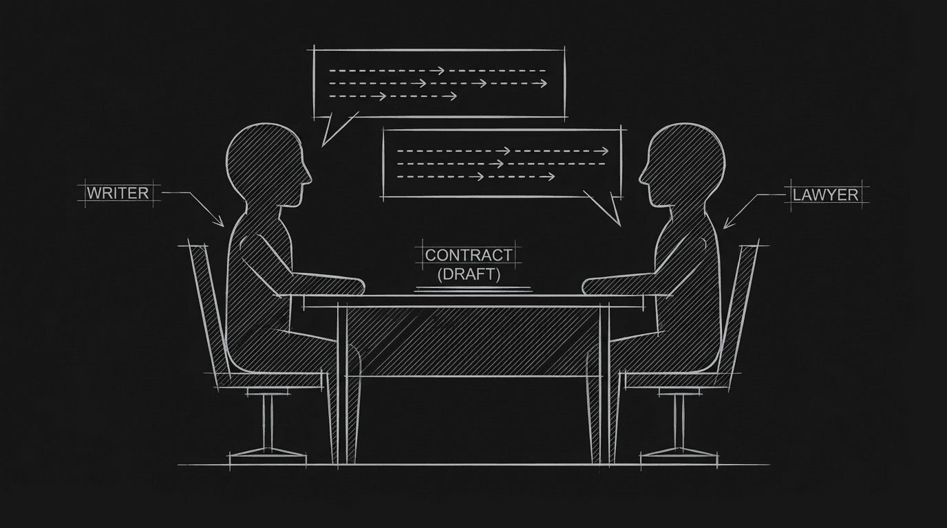 Writer and lawyer on a call; dark mode technical sketch