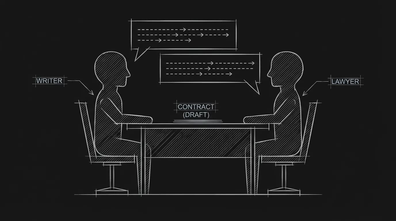 Writer and lawyer on a call; dark mode technical sketch