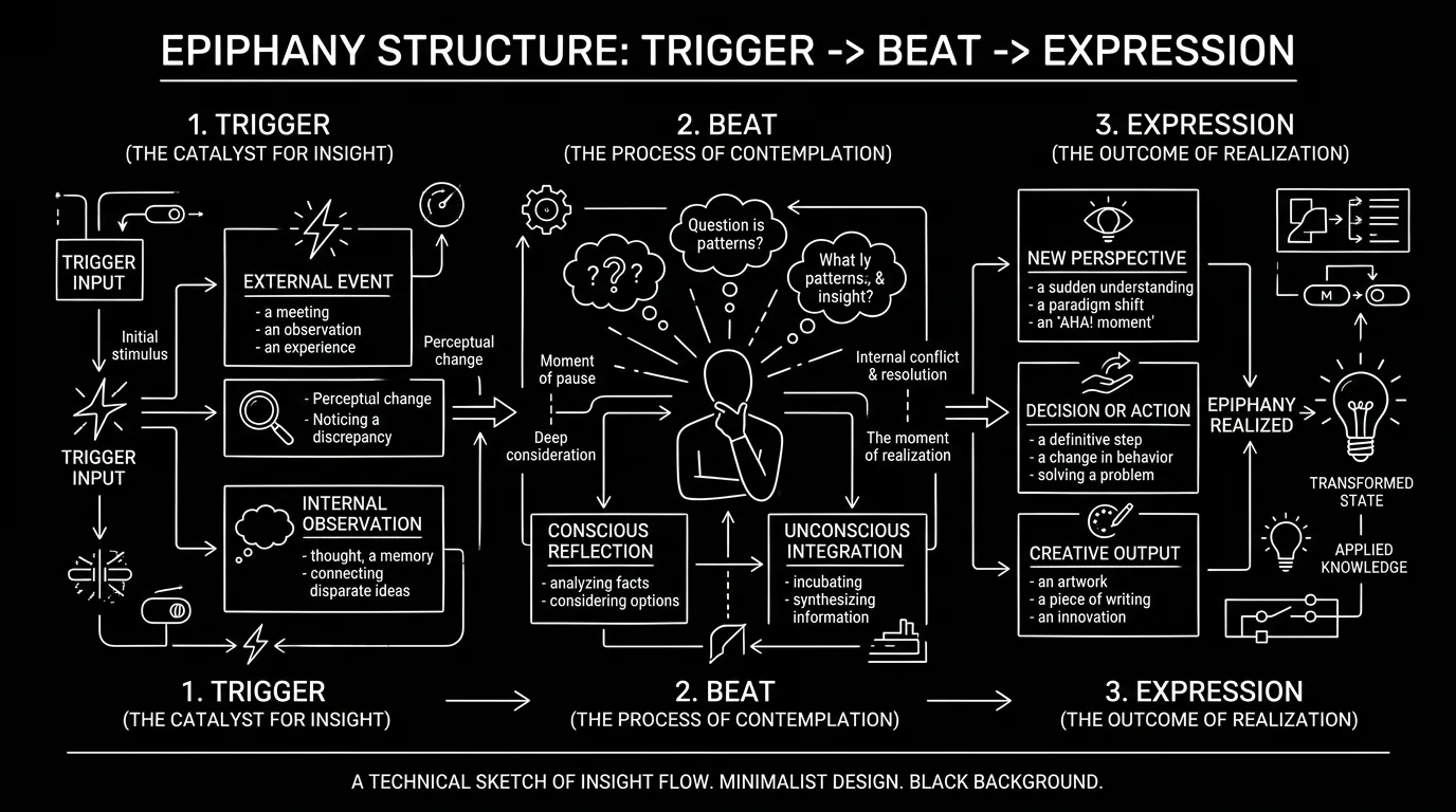 Epiphany structure: trigger, beat, expression; dark mode technical sketch