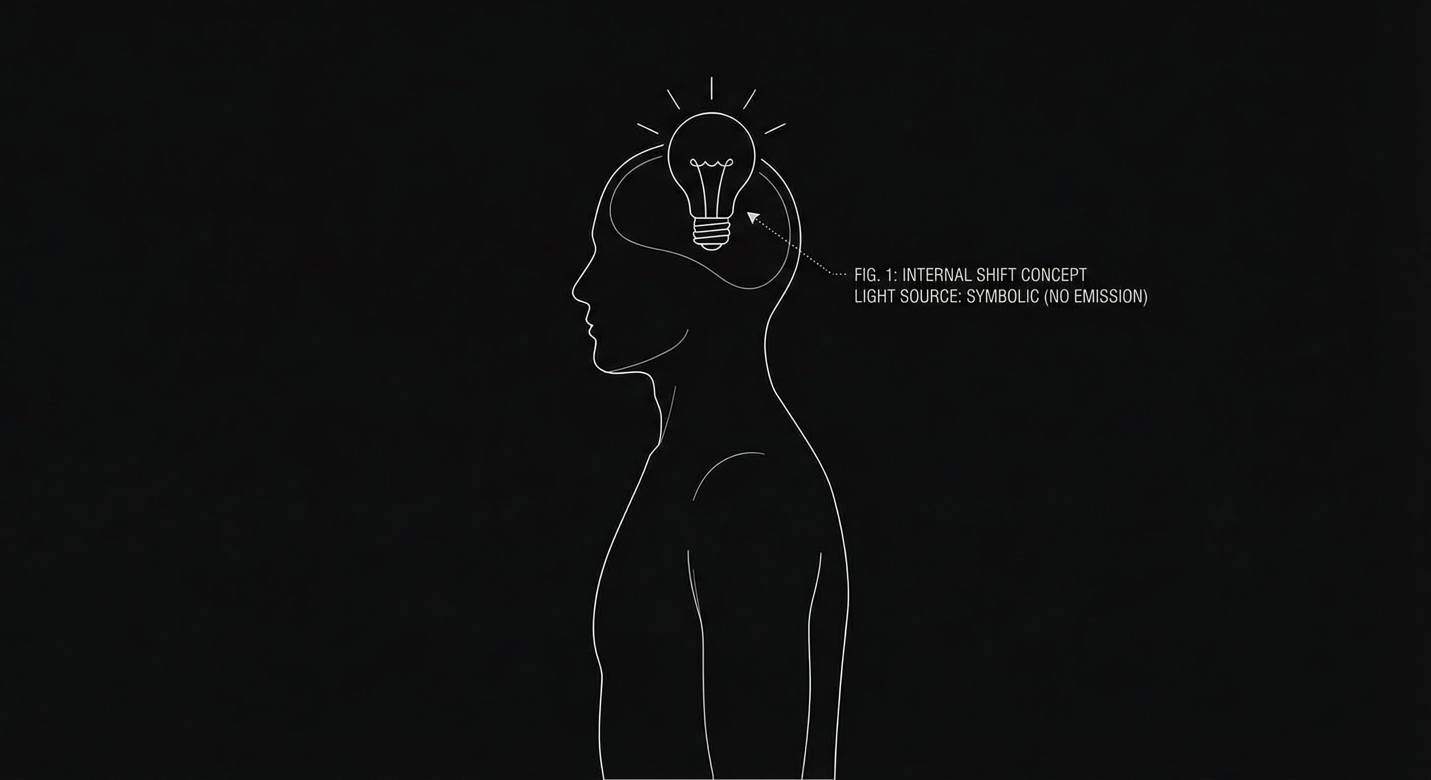 Epiphany: single figure, moment of internal shift; dark mode technical sketch