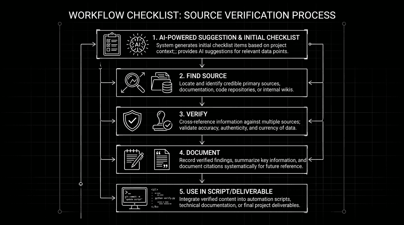 Prompt: Dark Mode Technical Sketch, checklist: AI suggestion → Find source → Verify → Document → Use in script, clean white lines on black --ar 16:9