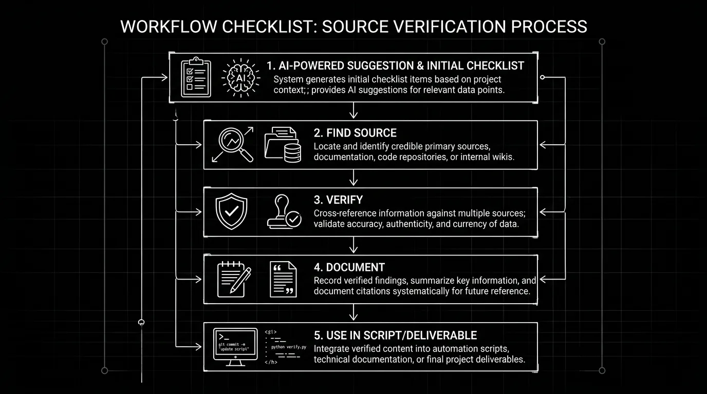Prompt: Dark Mode Technical Sketch, checklist: AI suggestion → Find source → Verify → Document → Use in script, clean white lines on black --ar 16:9