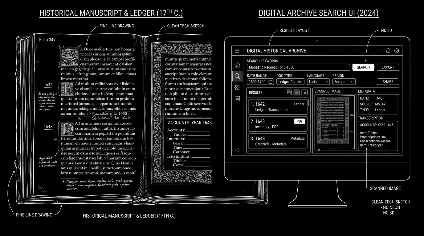 Dark mode technical sketch: manuscript and research screen; thin white lines on black