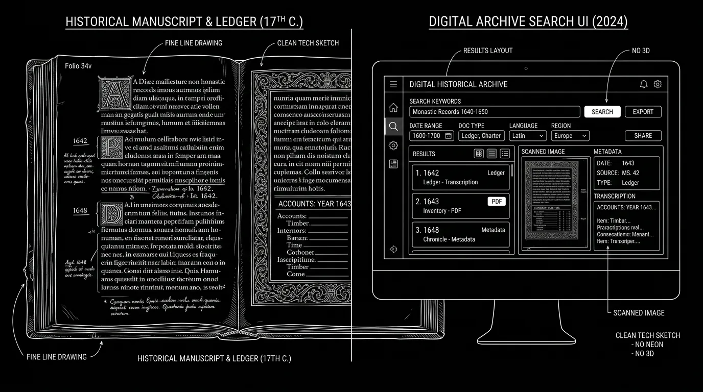 Dark mode technical sketch: manuscript and research screen; thin white lines on black