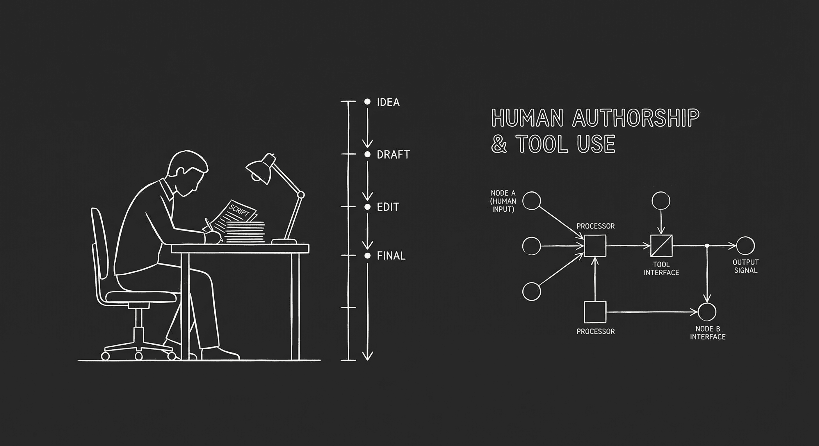 Writer at desk with script and timeline; human authorship and tool use; dark mode technical sketch