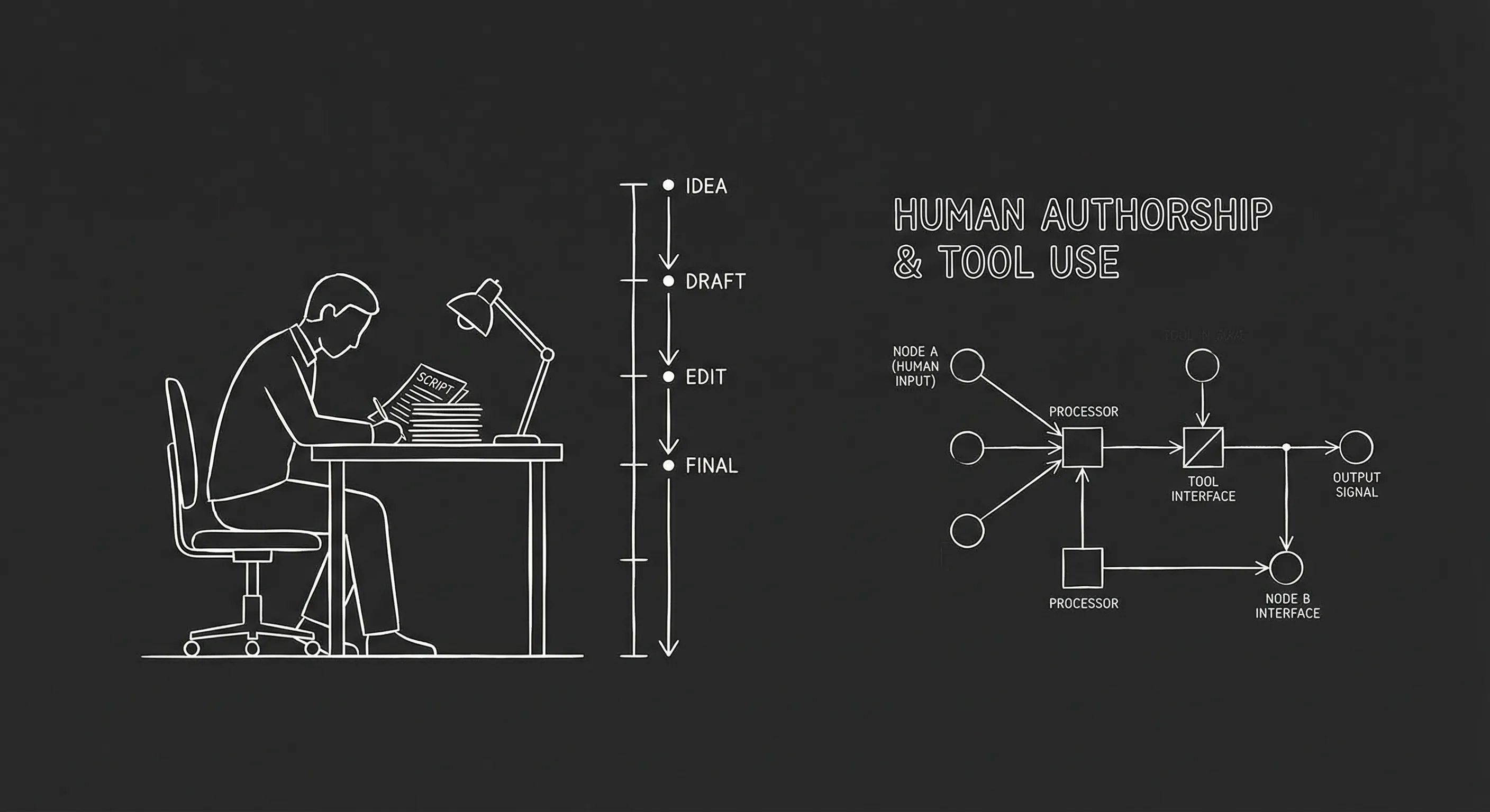 Writer at desk with script and timeline; human authorship and tool use; dark mode technical sketch