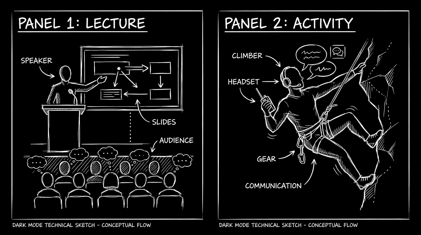 Two panels: lecture vs. character in activity while talking; dark mode technical sketch