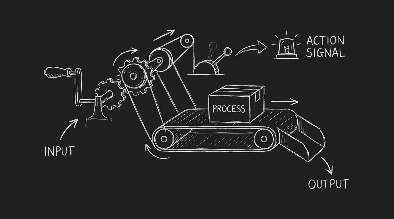Exposition through action; dark mode technical sketch