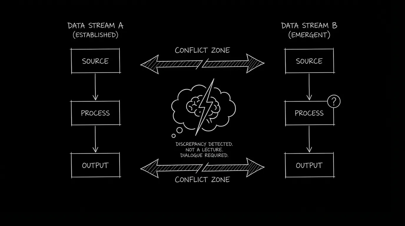 Info in conflict, not lecture; dark mode technical sketch