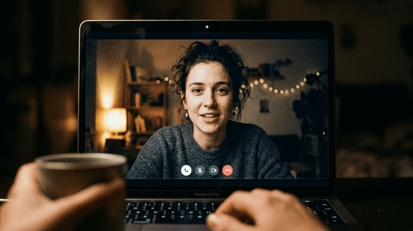 Webcam face on screen; cinematic film still