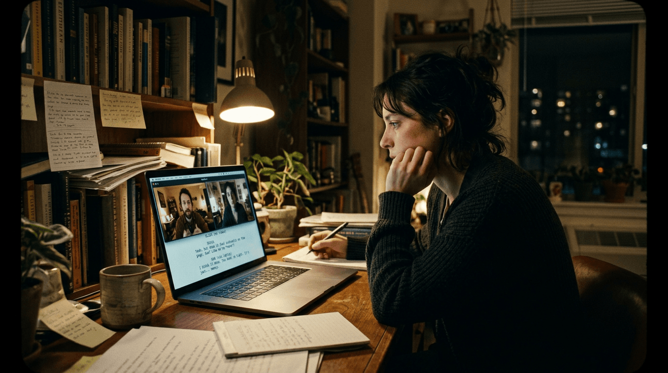 Cinematic workflow still, first angle, 35mm film grain