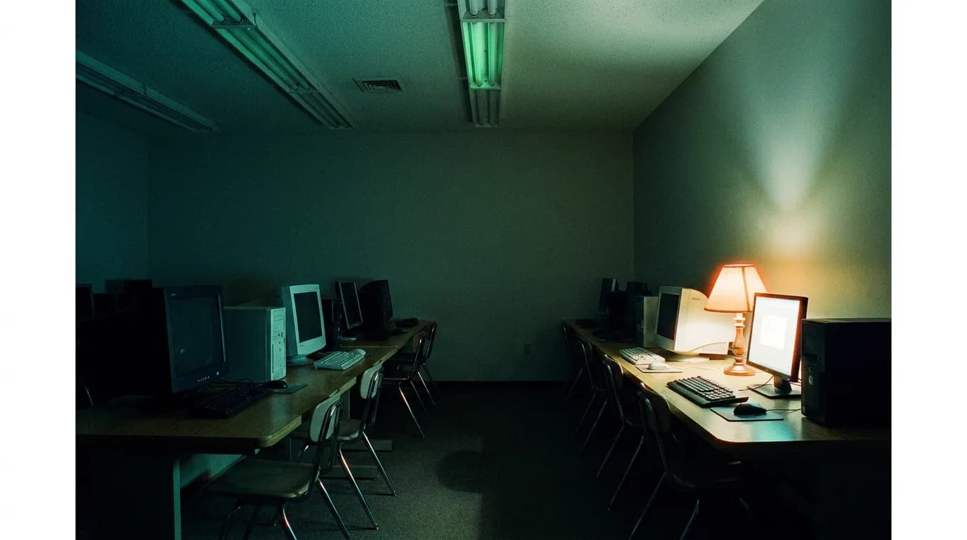 A public library media lab after closing, mismatched donated desktop computers under half-lit green fluorescent tubes with one warm desk lamp at the end of the row, cinematic still