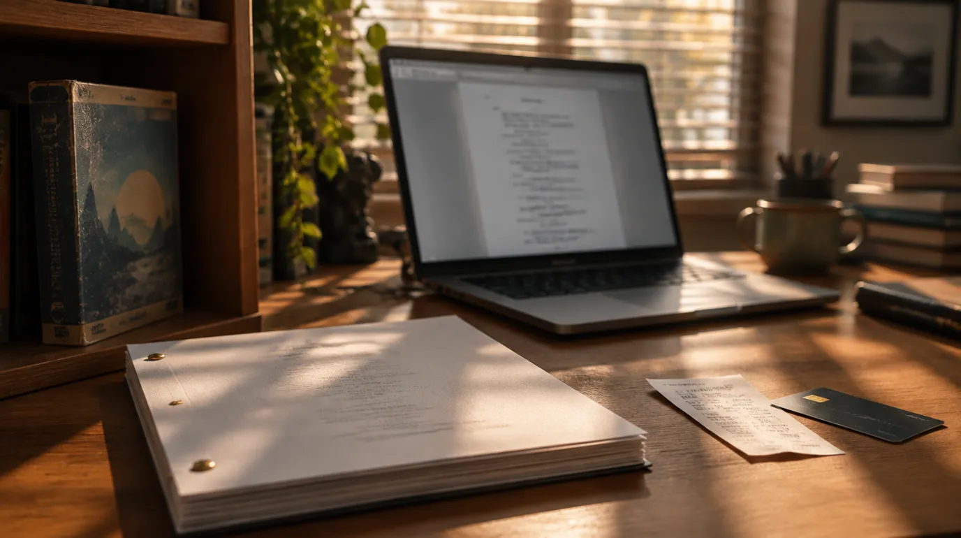 A bound screenplay with brass brads on a wooden desk in warm afternoon light, a laptop behind it showing a script page, a store receipt and a payment card lying beside the script