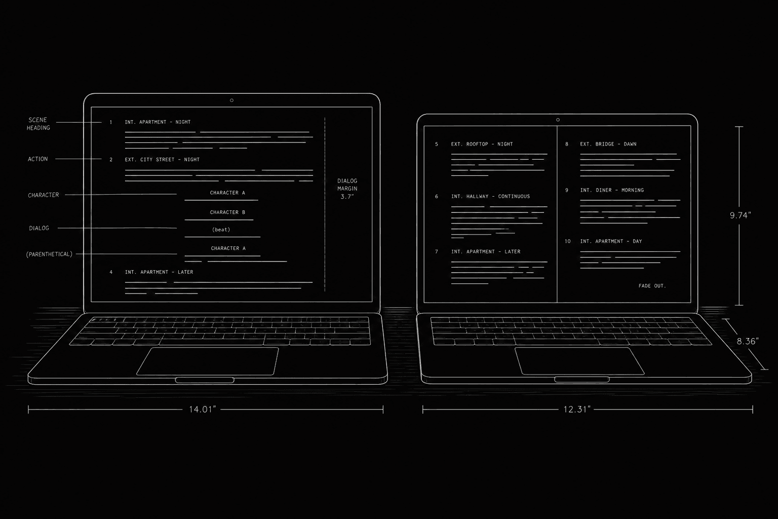 Dark mode technical sketch: two laptop screens side by side showing abstract screenplay line grids, thin white lines on solid black