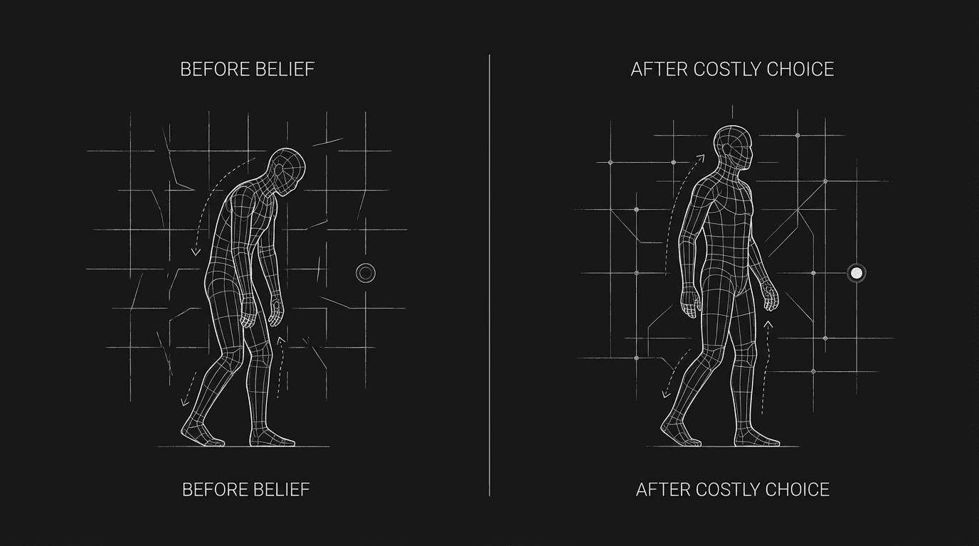 Before Belief and After Costly Choice: split-screen character