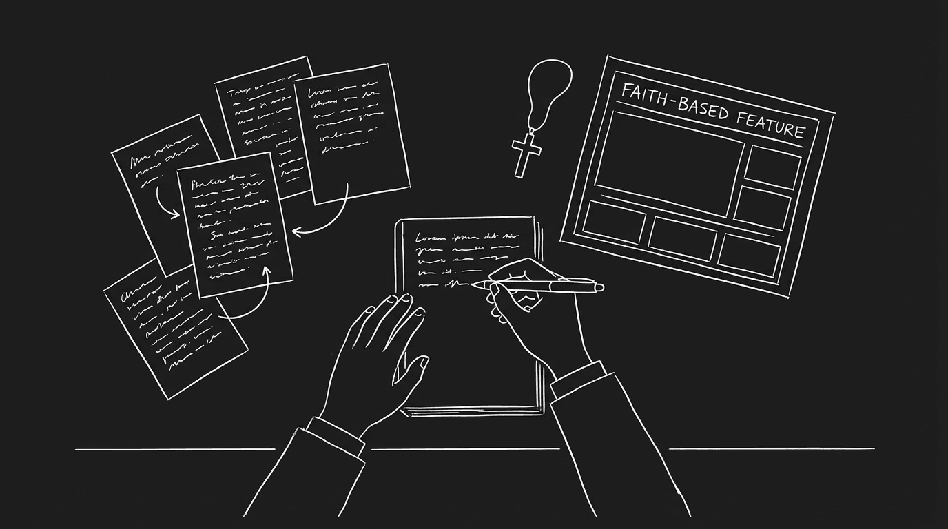Overhead dark mode sketch of a writer’s desk with script pages, a simple cross pendant, and a storyboard marked “Faith-Based Feature” in thin white lines on black