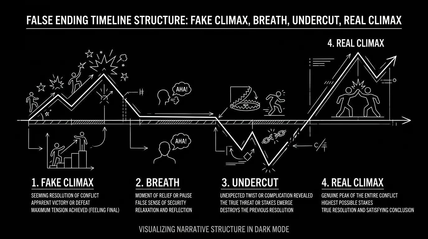 False ending timeline: fake climax, breath, undercut, real climax; dark mode technical sketch