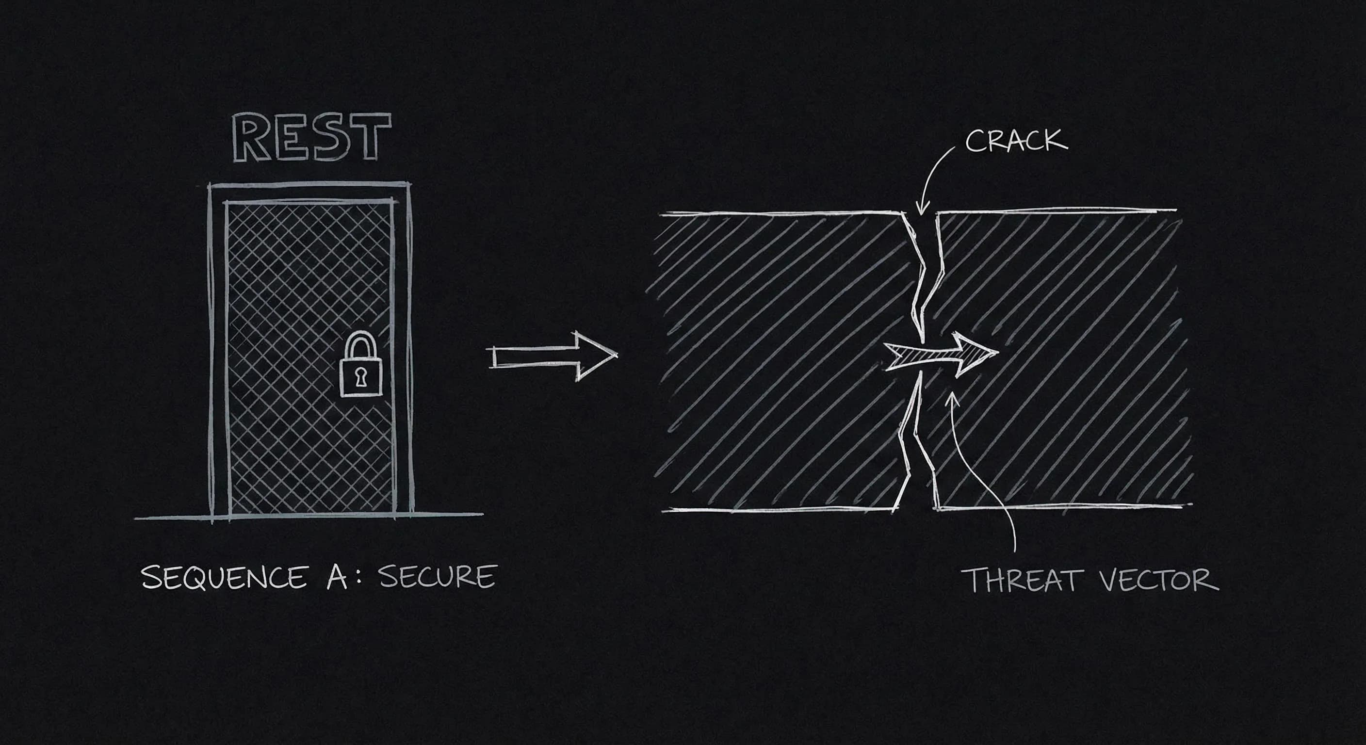 False ending: safety then the real threat; dark mode technical sketch