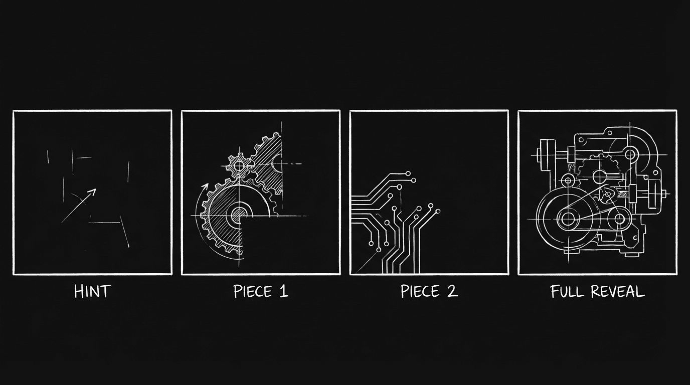 Timeline: hint, piece, piece, full reveal; dark mode technical sketch