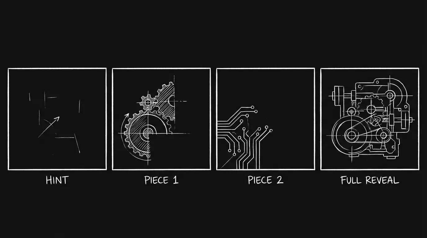 Timeline: hint, piece, piece, full reveal; dark mode technical sketch