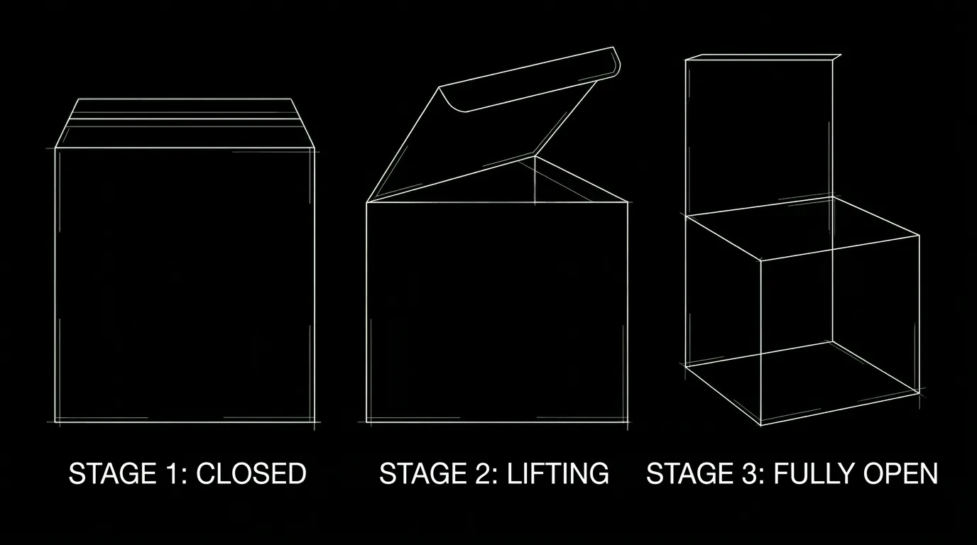 Closed box opening in stages; dark mode technical sketch