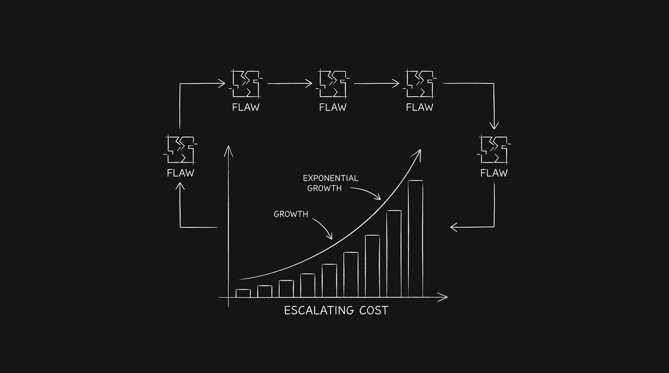 Flaw as pattern: same action repeating with escalating cost; dark mode technical sketch