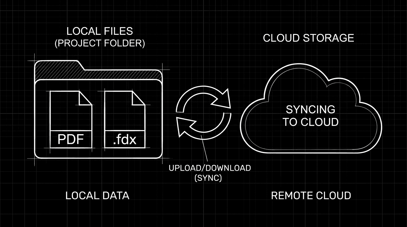 Dark mode technical sketch: backup folder with PDF and .fdx icons; sync arrow to cloud; thin white lines on black