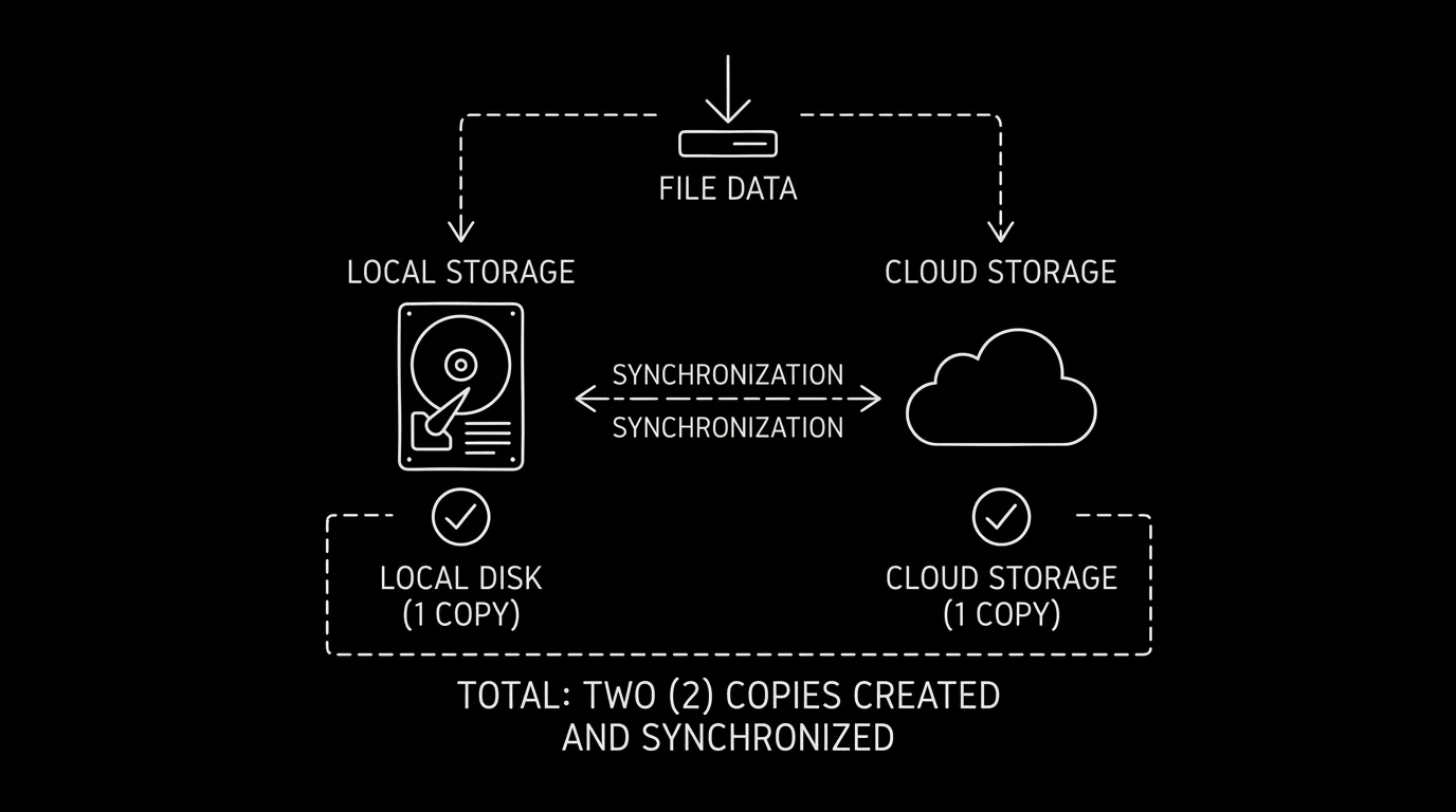 Dark mode technical sketch: two copies, local folder and cloud, with checkmarks; thin white lines on black