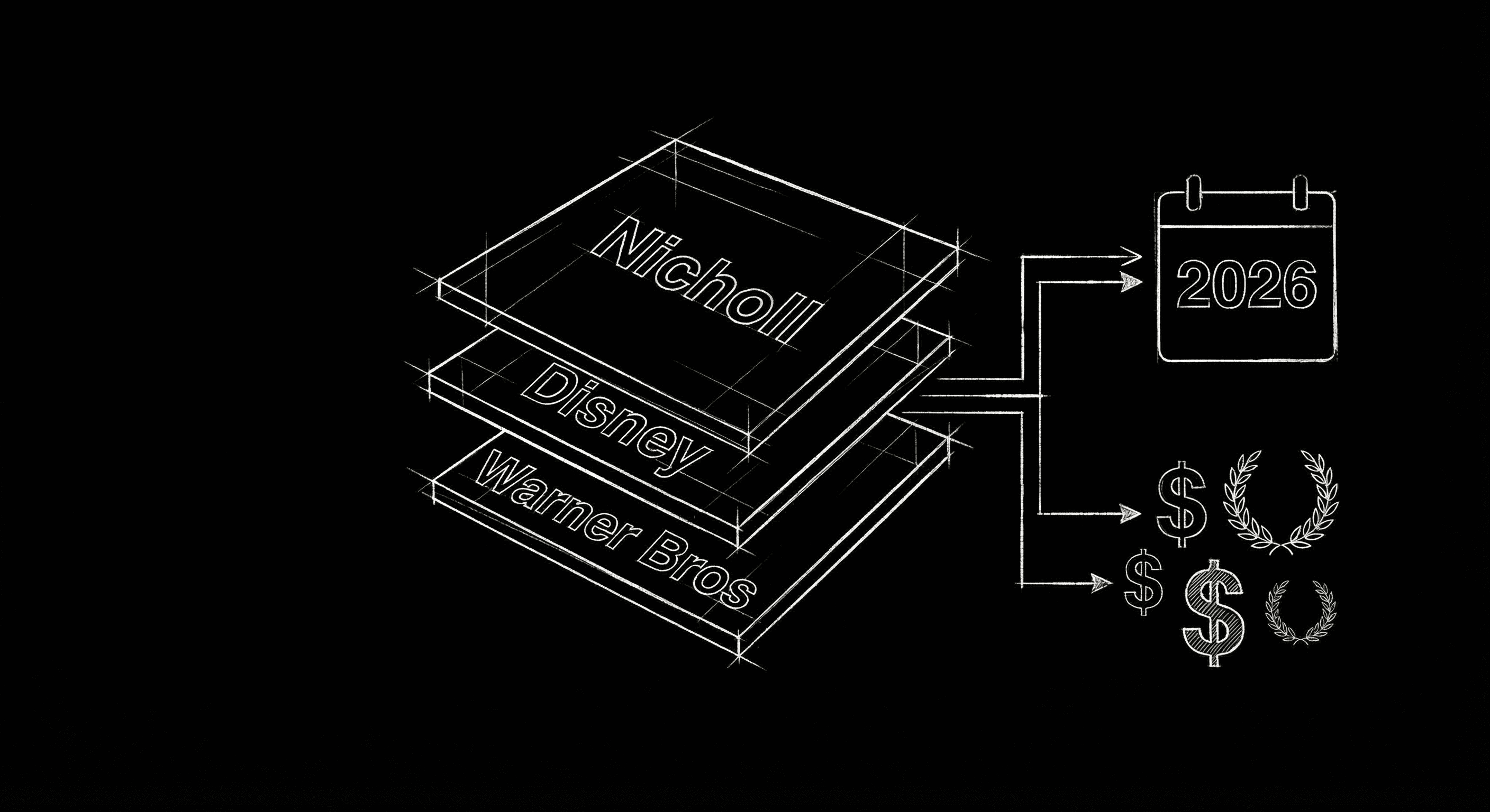 Nicholl, Disney, and Warner Bros fellowship script stacks connected to a 2026 calendar; dark mode technical sketch
