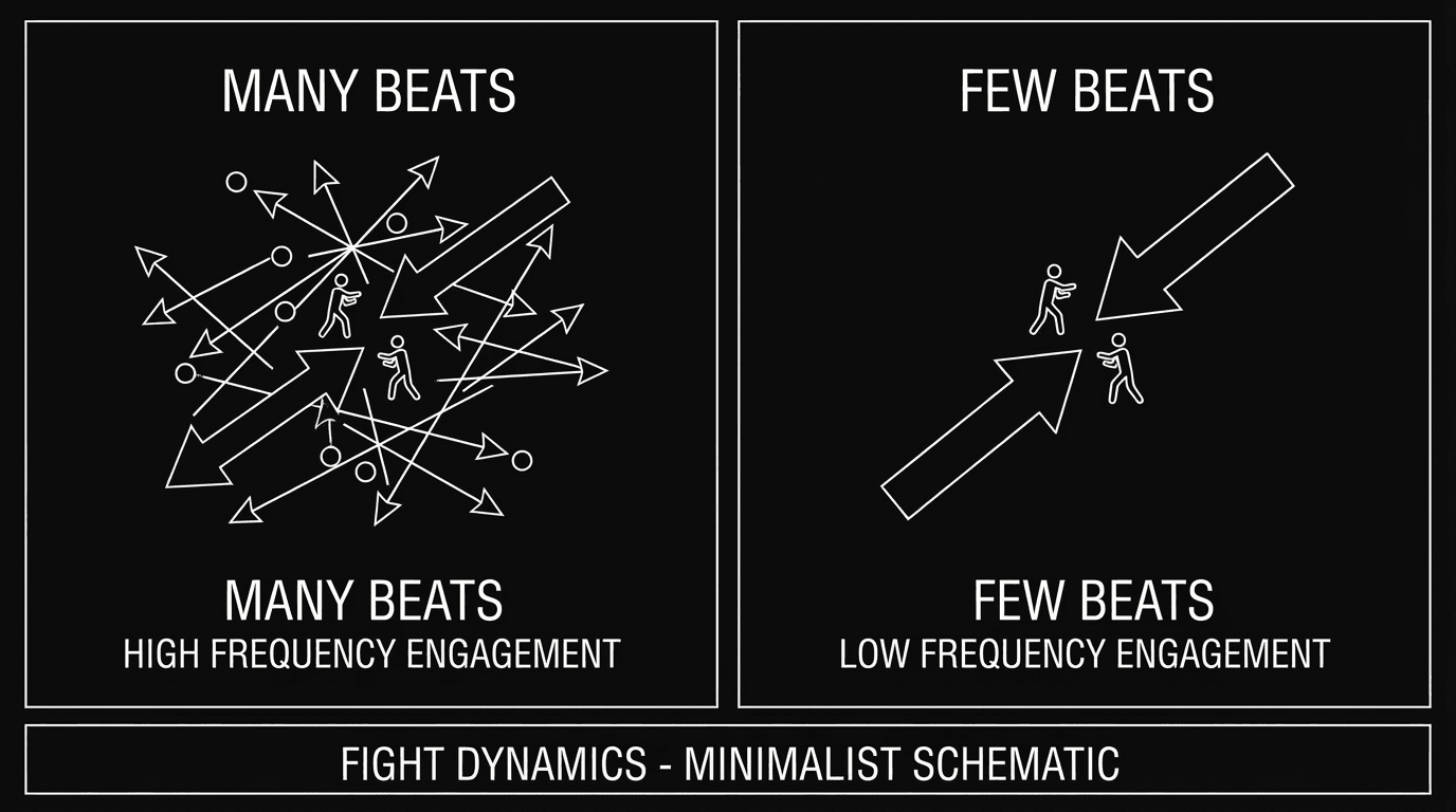 Two versions: many beats vs. few beats; dark mode technical sketch